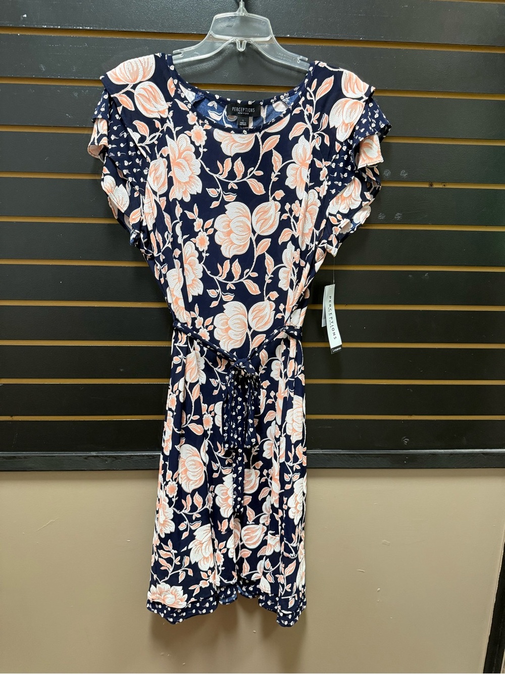 Perceptions New York Floral Midi Dress Size Large NWT Navy Blush Flutter Sleeve